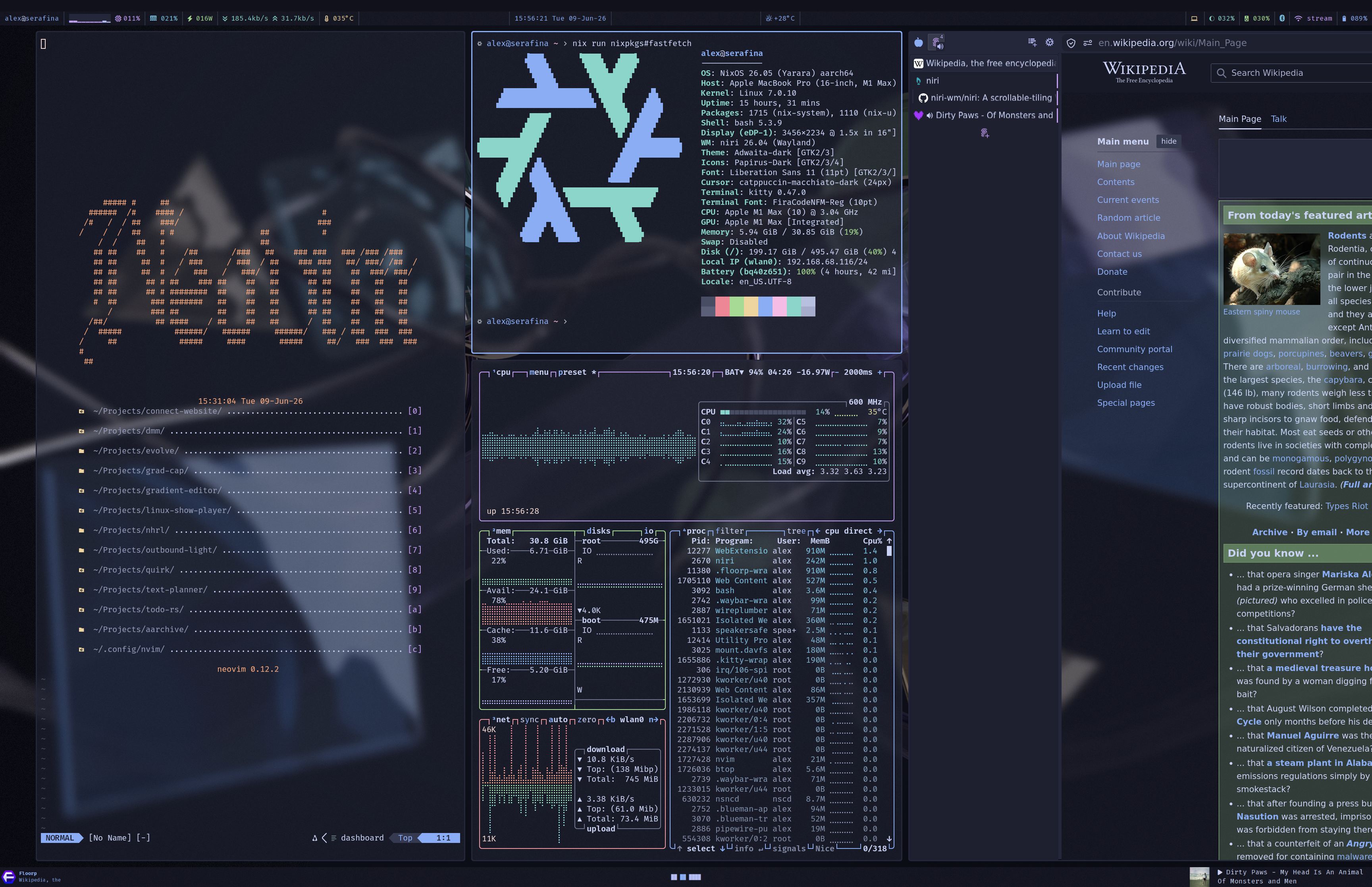 A screenshot of my desktop, showing a terminal window with FastFetch, a terminal window with BTop, a terminal window with Neovim, and a Floorp window.